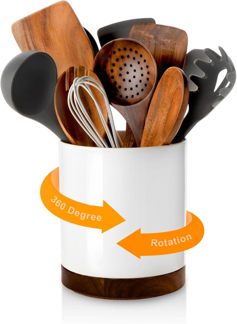 Nucookery 360° Rotating Utensil Holder, 7.2" Large Utensil Crock, White Ceramic Cooking Utensil Organizer with Countertop-Protection Cork Bottom for Farmhouse Kitchen Decor Christmas Gift (White) - Image 1